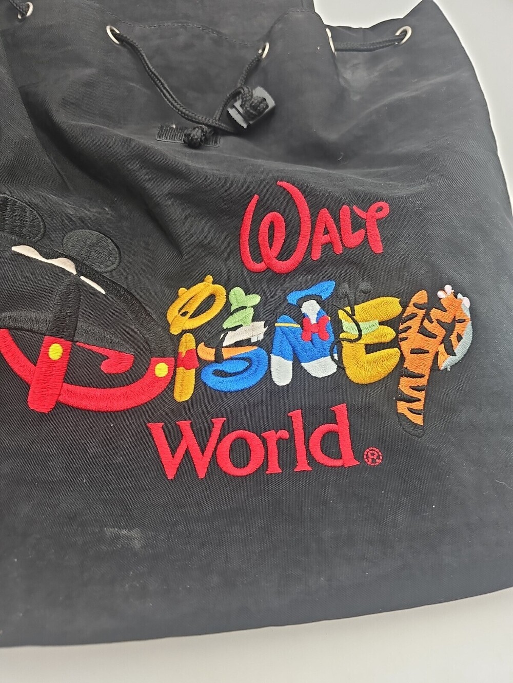 Vintage Disney World Embroidered Character Logo Black Nylon Drawstring Backpack